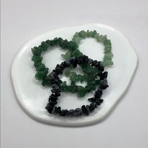 Green stone + snow obsidian bead layered stackable 3 bracelets small wrist 6-6.5